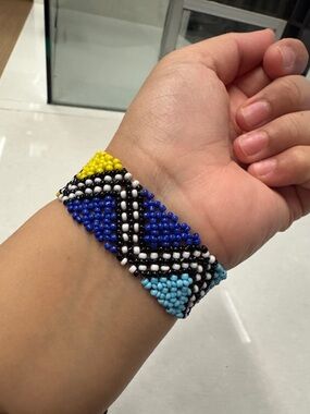 Handmade Beaded Geometric Bracelet in Blue, Yellow & Turquoise